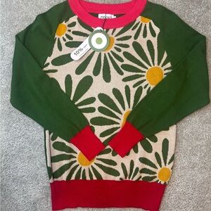 OX Knit NWT Floral Green and Red Sweater 100% Cotton